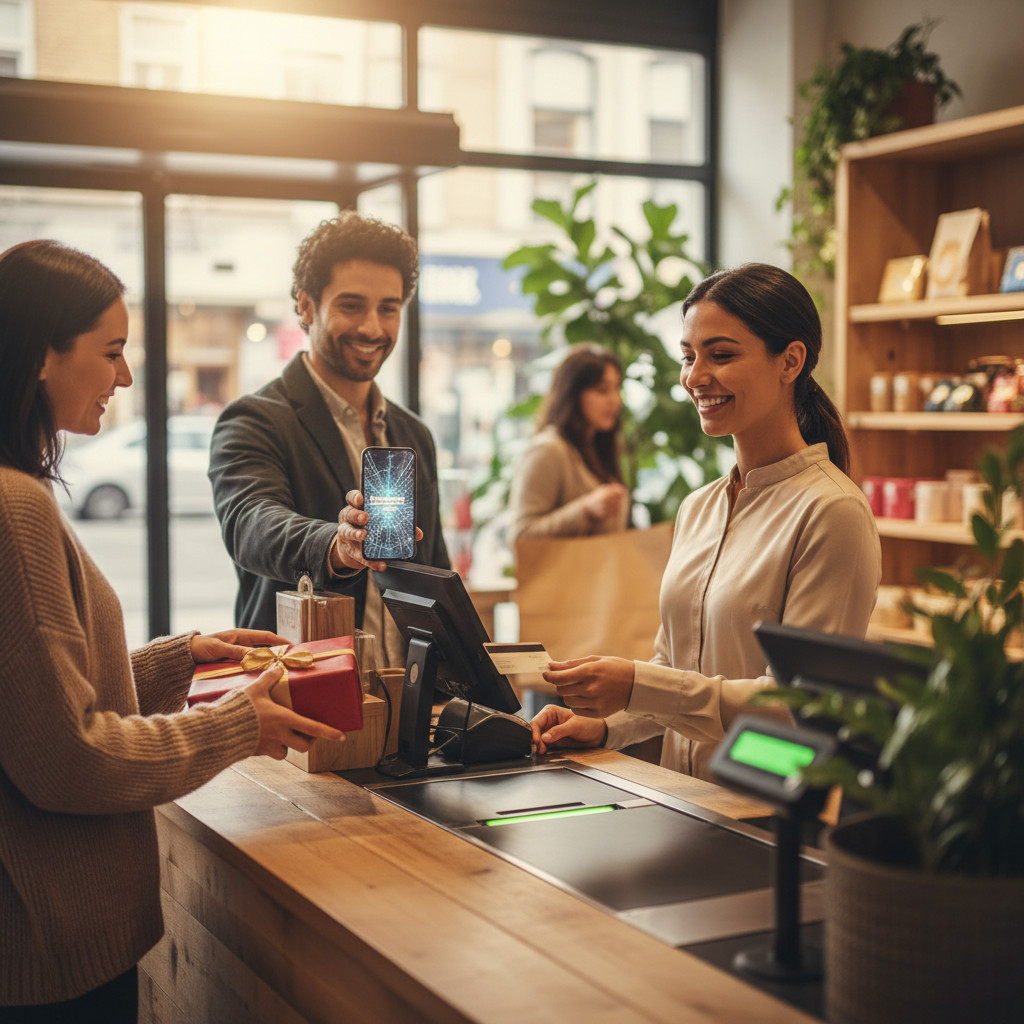 Customers using gift cards at a modern retail checkout