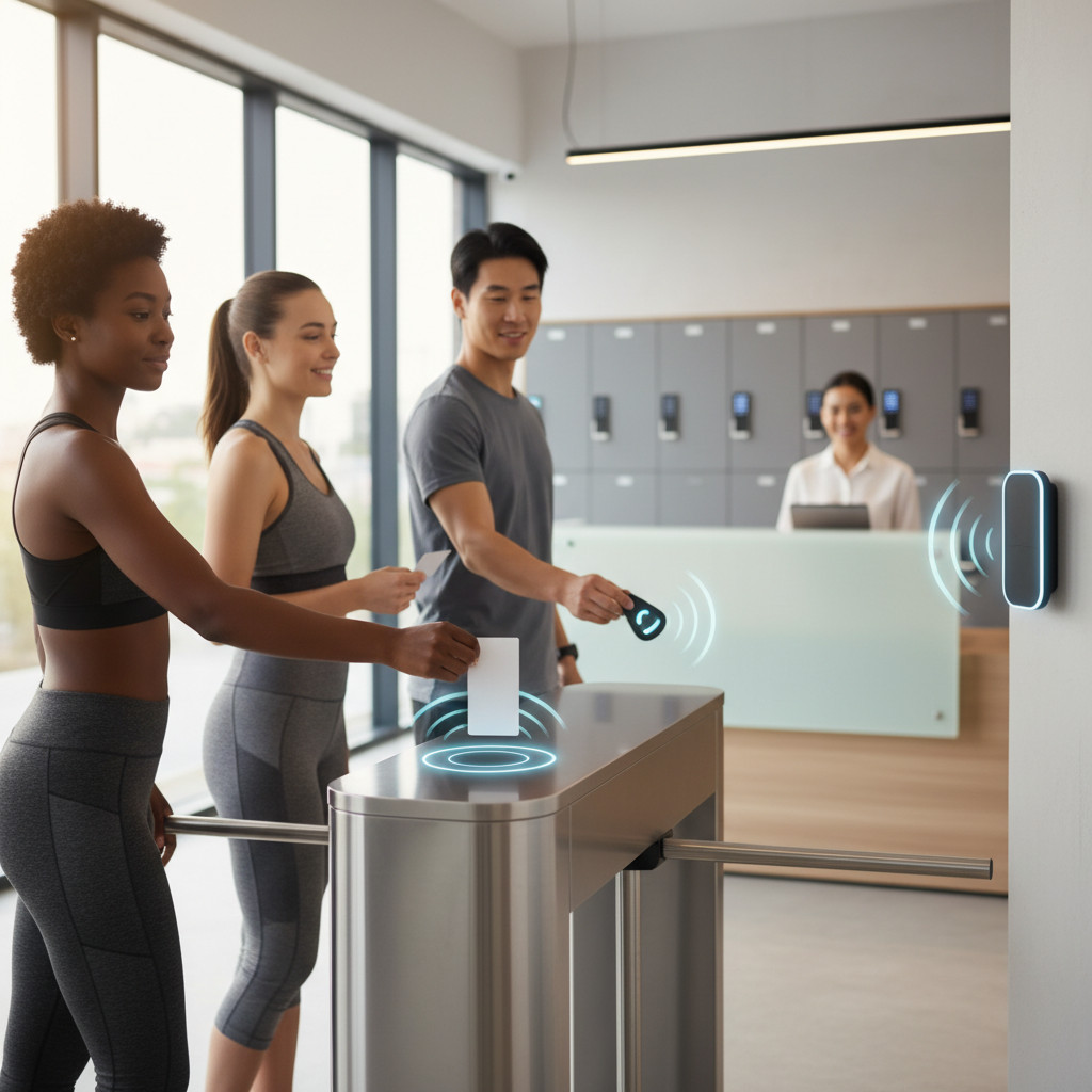 Gym members using contactless cards and key fobs at a gym entrance