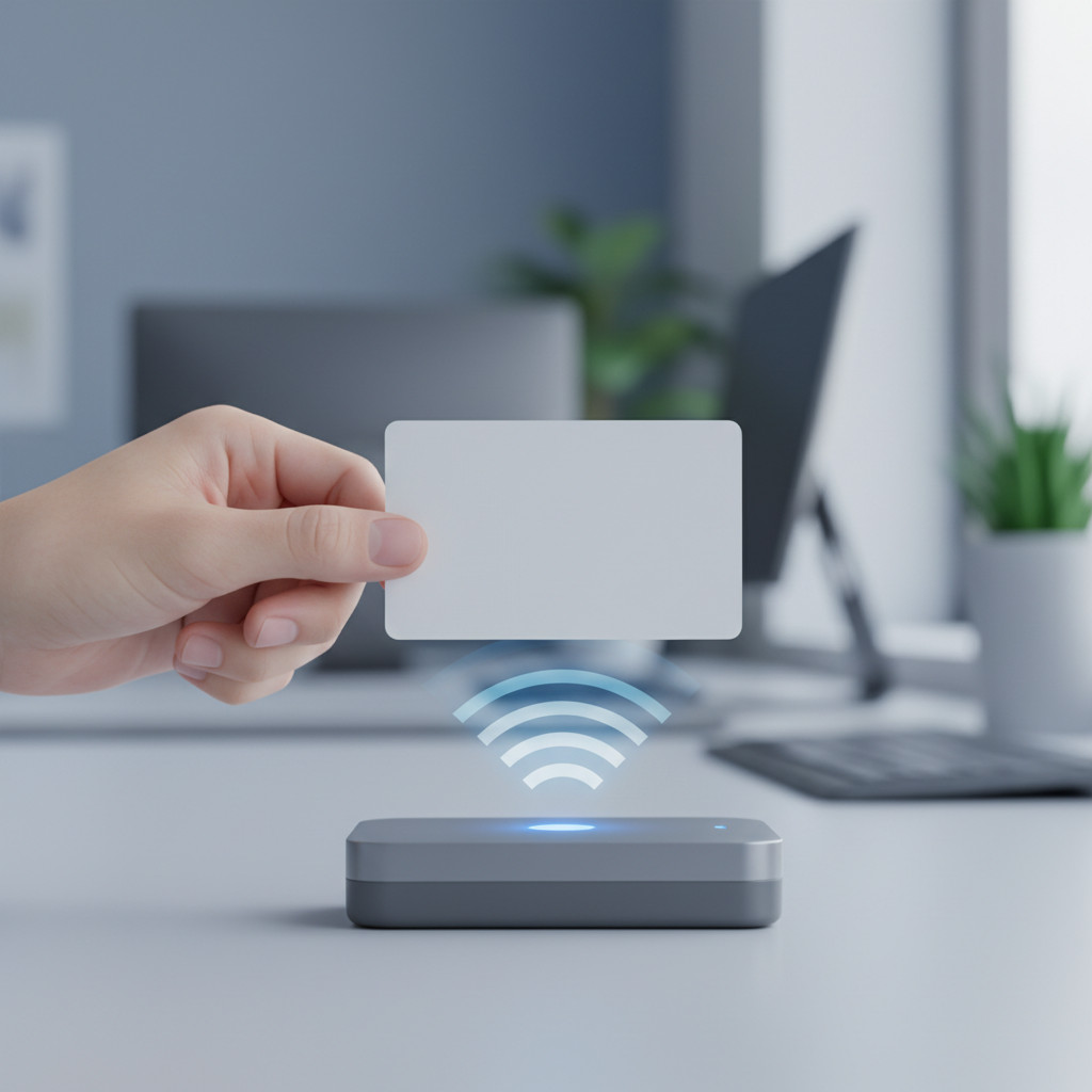 Smart card held above a compact reader with subtle wireless waves indicating contactless communication.